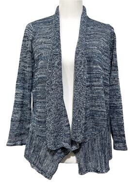 Blue Illusion Linen Cardigan Sweater Size L Waterfall Style Blue Knit